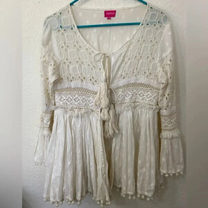 Ranees Ivory Eyelet Bohemian Trapeze Fringe Festival Tassle Jacket Cardigan S/M